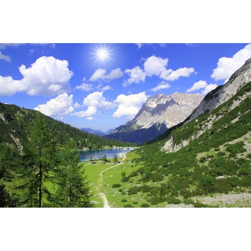 Mountains Aquarium Background Green Gobi Plants Pine Tree Terrarium Background Tranquil Lake Blue Sky Sunbeam with Cloud Fish Tank Background Mountain Theme Reptile Habitat Background 24x16in - color: Blue_Green, size: 24(W)x16(H)in