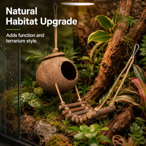 Hanging Coconut Hide for Crested Hide Hut with Climbing Ladder, Natural Shell Cave Hideout for Leopard Reptiles