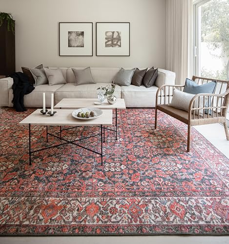 Snap Dragon Vintage-Inspired Area Rug, 8’3” x 11’6” | Vintage character, Heirloom-inspired, Persian floral medallion design, Terracotta, Charcoal & Ivory palette, Flatweave