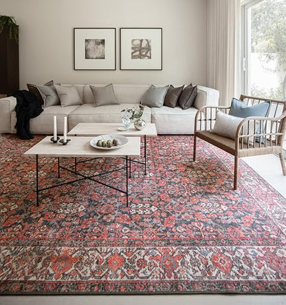 Snap Dragon Vintage-Inspired Area Rug, 8’3” x 11’6” | Vintage character, Heirloom-inspired, Persian floral medallion design, Terracotta, Charcoal & Ivory palette, Flatweave
