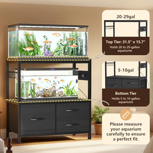 Heybly 20-29 Gal Fish Tank Stand with Drawer, Power Outlet,330lbs HAS001BK | Aquarium Stand,Heavy Duty Metal Frame for Fish Tank, Turtle & Reptile Terrarium, 31.5" x 15.7" Top, Black - color: Black, size: 20-29 gal