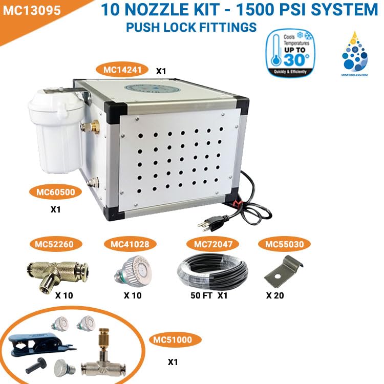 High Pressure Misting System 1500 PSI - Patio Misting System | Restaurant Misting System | Industrial Misting System | with Stainless Steel Misting Nozzles | Flexible (40 Feet - 10 Nozzles) - size: 40 Feet - 10 Nozzles