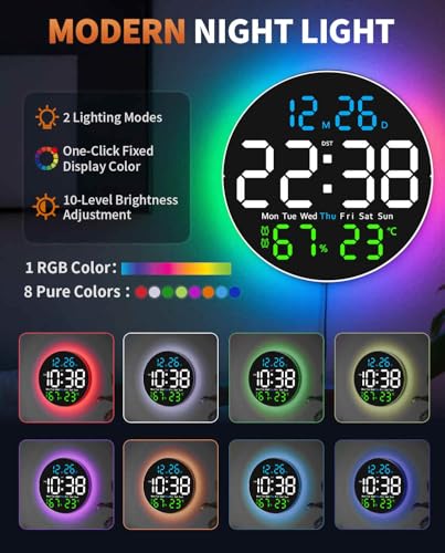 10 Inch Large Digital Wall Clock with 9 Color Changing Remote Control, Date Week Temperature, Auto Brightness Dimmer Clock Night Lights,Blue+Green - color: Blue+green