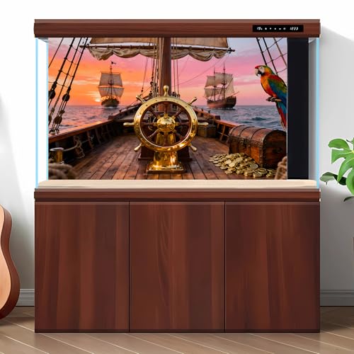 Sunset Ancient Sailing Boats Aquarium Background Luxurious Steering Wheel Treasure Chest Coins Wooden Sailboat Fish Tank Background Ocean Seascape Terrarium Backgrounds for Tank Decors 24x12in - color: Pink_Brown, size: 24(W)x12(H)inches/ 60(W)*30cm(H)