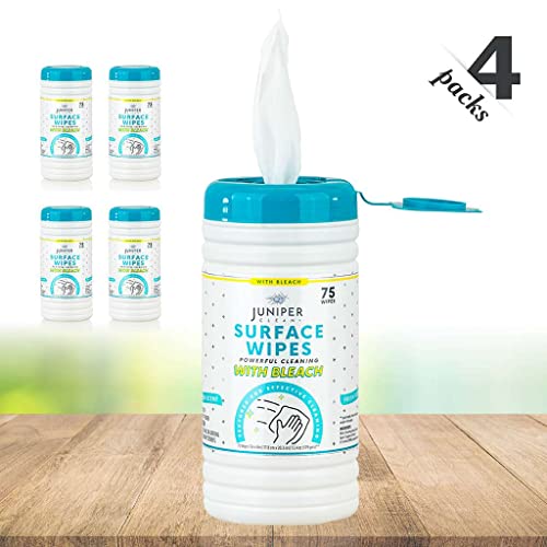 Juniper CLEAN 4 Pack Surface Cleaning Wipes with Bleach, All-Purpose Cleaner for Bathroom, Kitchen, Office, 300 Count Canister, 7.5" x 7" Sheet, Fresh Scent, Lint Free & Durable - size: 75 Count (Pack of 4)
