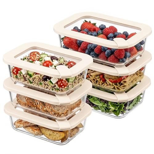 Glass Food Storage Containers with Glass Lids, Microwave Safe Food Container Set, Aitight Meal Prep Container Set, LeakProof, 100% Plastic Free, 6 Pack - color: Ivory White - 6RT