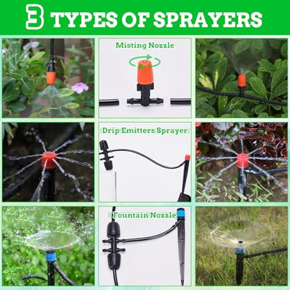 Automatic Drip Irrigation System Kit - 226FT with LCD Timer, 3 Sprayer Types Automatic Garden Watering System, 1/2 Inch Hose 1/4 Inch Distribution Tubing Garden Watering Solution for Outdoor Plants