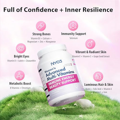 NYO3 Multivitamin for Women with Nicotinamide Lutein Grape Seed & Vitamins A, D3, B1/2/6/12, C, E for Energy, Nourish Hair/Skin/Nail, Premium Daily Womens Multivitamins - 60 Capsules