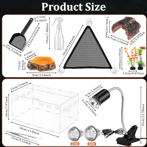 Kathfly 13 Pcs Mini Reptile Terrarium Starter Kits, 12x8x6'' Insect Amphibians Reptile Tank Insect Habitat Cage Acrylic Tank Hidden Shell Heat Lamp Hammock and Other Accessories for Fish Turtle Spider