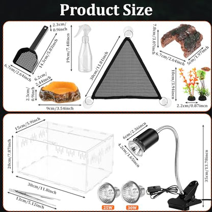 Kathfly 13 Pcs Mini Reptile Terrarium Starter Kits, 12x8x6'' Insect Amphibians Reptile Tank Insect Habitat Cage Acrylic Tank Hidden Shell Heat Lamp Hammock and Other Accessories for Fish Turtle Spider