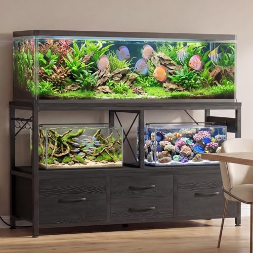 Heybly 55-75 Gal Fish Tank Stand with Drawer, Power Outlet, Black HAS005BK | Aquarium Stand, Heavy Duty, for Fish Tank, Turtle & Reptile Terrarium, 48" L × 18.1" Top, 660lbs (Top)+400lbs(Mid) - color: Black, size: 55-75 gal