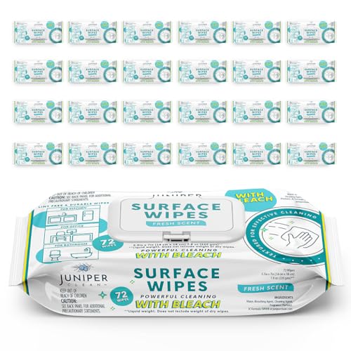 Juniper CLEAN 24 Pack Surface Cleaning Wipes with Bleach, All-Purpose Cleaner for Bathroom, Kitchen, Office, 1728 Count Soft Flow, Fresh Scent, Lint Free & Durable - size: 72 Count (Pack of 24)