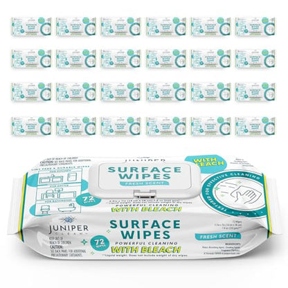 Juniper CLEAN 24 Pack Surface Cleaning Wipes with Bleach, All-Purpose Cleaner for Bathroom, Kitchen, Office, 1728 Count Soft Flow, Fresh Scent, Lint Free & Durable - size: 72 Count (Pack of 24)