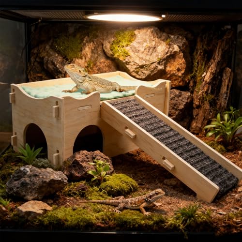Bearded Dragon Tank Accessories, Wooden Assembled Hide Cave with Ramp and Mat, Reptile & Amphibian Habitat Hideouts for Gecko, Bearded Dragon and Other Small Reptile