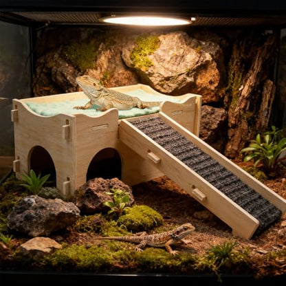 Bearded Dragon Tank Accessories, Wooden Assembled Hide Cave with Ramp and Mat, Reptile & Amphibian Habitat Hideouts for Gecko, Bearded Dragon and Other Small Reptile