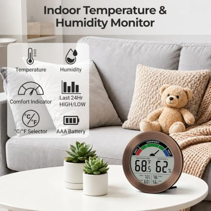 Digital Hygrometer Indoor Thermometer Humidity Meter Room Temperature Humidity Monitor, Metal Frame with Brushed Stainless Finish, DM9442 (Bronze) - color: Bronze