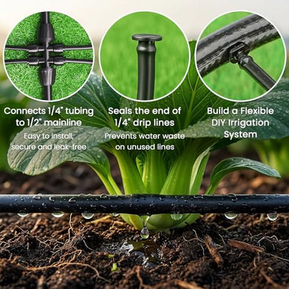 MIXC 1/4" Irrigation Dripline Tubing (200 Ft Roll), Saving 80% Water, 6" Emitter Spacing, 0.5 GPH Emitters Built-In Drip Irrigation Line with 1/4" Fittings Included, Black - size: 200FT