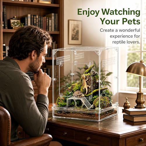 12x12x16 Acrylic Reptile Terrarium, Large Reptile Enclosure with Watertight Bottom, 10 Gallon Clear Reptile Tank with Front Opening Doors, High Ventilation Habitat Breeding Cage for Turtle Gecko Frog