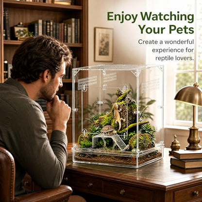 12x12x16 Acrylic Reptile Terrarium, Large Reptile Enclosure with Watertight Bottom, 10 Gallon Clear Reptile Tank with Front Opening Doors, High Ventilation Habitat Breeding Cage for Turtle Gecko Frog