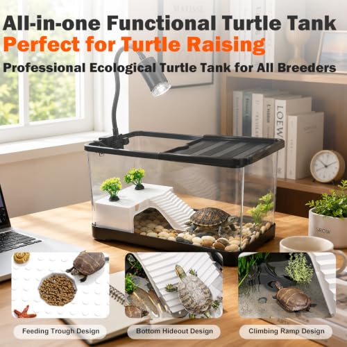 Turtle Aquarium with Lamp, High Transparent with Drain Hole & Protective Top, All-in-one Reptile Terrarium Kit with Basking Light, Hideout & Multi-Area Habitat for Small Tortoise Amphibian