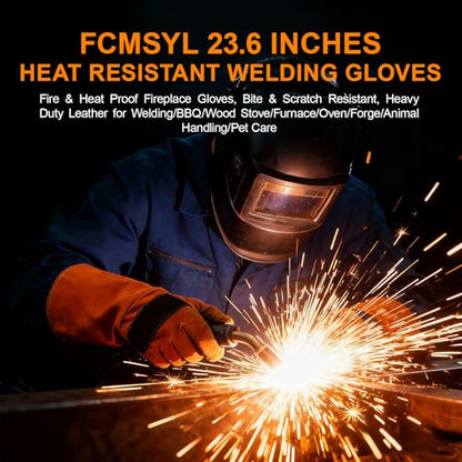 23.6Inches Heat Resistant Welding Gloves, Fire & Heat Proof Fireplace Gloves, Bite & Scratch Resistant, Heavy Duty Leather for Welding/BBQ/Wood Stove/Furnace/Oven/Forge/Animal Handling/Pet Care - size: 23.6 inches