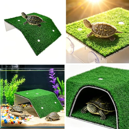 Turtle Basking Platform with Artificial Grass, Large Acrylic Turtle Dock and Ramp for Aquatic Turtles, Frogs, and Reptiles, Aquarium Terrace Accessory, Floating Turtle basking Platform