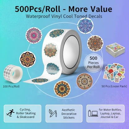 500Pcs Mandala Stickers, Waterproof Decal Bottles, Laptops Crafts 8 Styles | 500Pcs/Roll mandala stickers; waterproof self-adhesive accents for packaging, envelopes, crafts, gifts, or parties. - color: 500pcs- 10 Styles Mandala