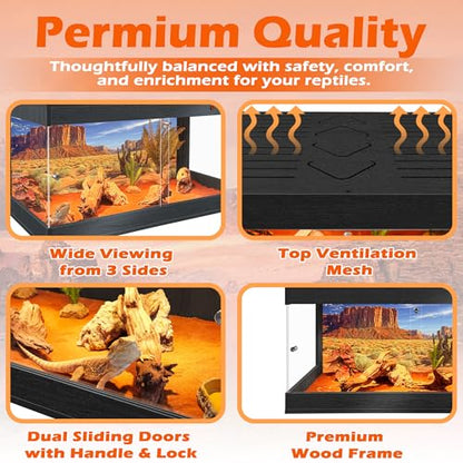 ROYXEN Reptile Tank, 34 Gallons Reptile Enclosure with Lockable Design, Tempered Glass Bearded Dragon Tank for Lizard Habitat, Soild Wood Built-in Sockets (Black, 32"x16"x15.5") - color: Black, size: 32"x16"x15.5"