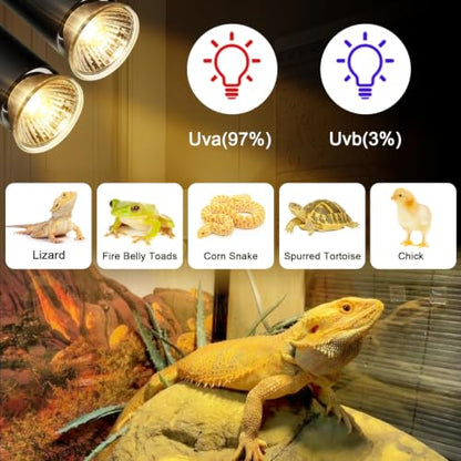 50W Uva Light Bulbs 2 Packs, Turtle Heat Lamp for Reptile | E26 Base Fit for Reptiles and Amphibian Tanks, Terrariums and Cages, Works with Various Lamp Fixtures