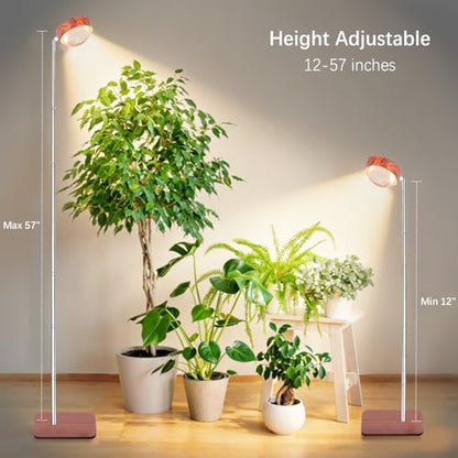 Grow Light for Indoor Plants, Full Spectrum Floor Plant Lamp with Convex Lens, Timer 6/12/18H, Faux Walnut Wood Grain, 12-57 inches Height Adjustable Desktop and Standing Growing Light