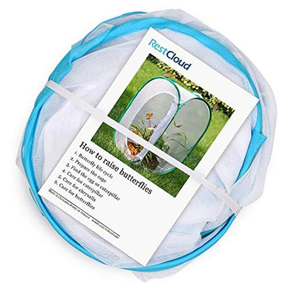 RESTCLOUD Insect and Butterfly Habitat Cage Pop-up 24 Inches Tall | Mesh Enclosure Terrarium,Tight Mesh - color: White With Blue, size: 15.7 x 15.7 x 23.6 inches