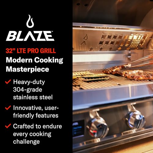 Blaze LTE PRO 32-Inch 4-Burner Built-In Propane Gas Grill | Stainless Steel Outdoor BBQ with Rear Infrared Burner, Rotisserie Kit & LED Control Knobs | BLZ-4LTEPRO-LP