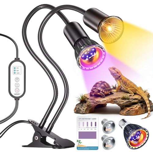 UV Reptile Heat Lamp, UVA UVB Reptile Light with Clamp and Intelligent Cycle Timer for Turtle, Bearded Dragon, Lizard and More,2 Bulbs 50W+UVAUVB
