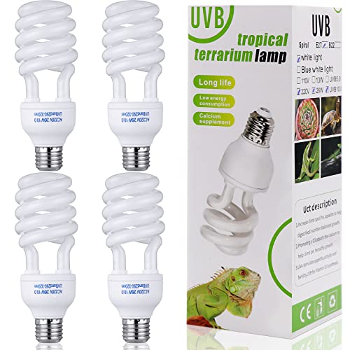 Reginary 4 Pcs Uvb Reptile Light 10.0 26 W, Reptile Uvb Bulb for Desert Tropical Sub Tropical Fluorescent Simulation Color Light for Turtle, Bearded Dragon, Lizard, Gecko