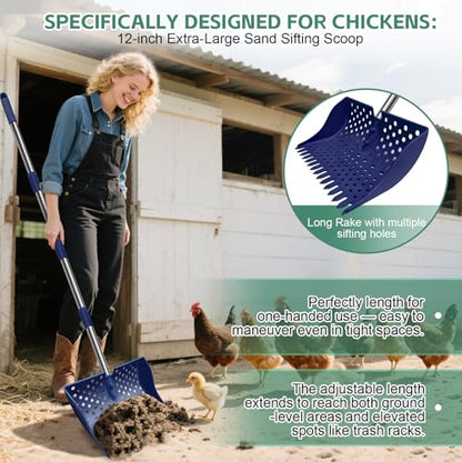 12" 2-in-1 Chicken Poop Scooper & Rake, 3-Shape Sifting Holes Chicken Coop Rake, Stainless Steel Handle (20–61") - Litter Scooper & Sand Sifting Shovel (U.S. Patent No. D1124534) - Blue - color: Blue