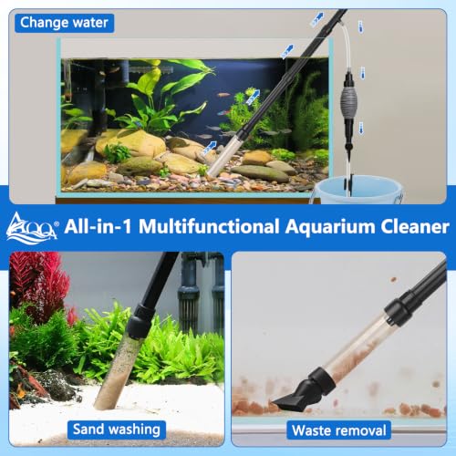 AQQA Gravel Vacuum for Aquarium Siphon - Adjustable Flow Fish Tank Cleaner with Handle, Manual Siphon Pump Water Changer Sand Rock Suction Cleaner, Upgraded Hard Hose with Threaded Connection (S) - size: S for tanks under 17" deep