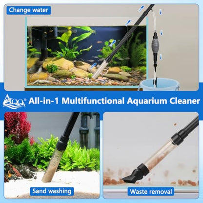 AQQA Gravel Vacuum for Aquarium Siphon - Adjustable Flow Fish Tank Cleaner with Handle, Manual Siphon Pump Water Changer Sand Rock Suction Cleaner, Upgraded Hard Hose with Threaded Connection (S) - size: S for tanks under 17" deep