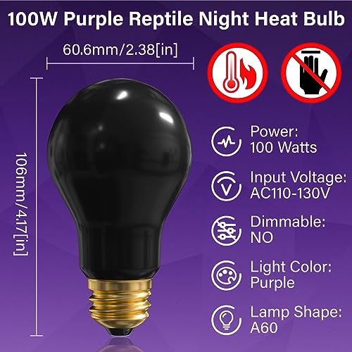Reptile Heat Lamp Bulbs-100W Reptile Night Heat Bulb E26 Terrarium Heat Lamp Simulate Natural Moon Purple Light for Snake Bearded Dragon Leopard Gecko Lizard Chameleon Tortoise -2Pack