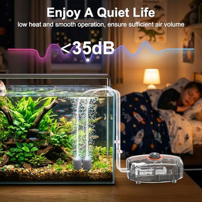 hygger Powerful Aquarium Air Pump, 3.5W/4.5W Ultra Quiet Fish Tank Air Pump Dual Outlet, Adjustable Oxygen Aerator Pump with Air Stone, Aquarium Bubbler for Fish Tank Up to 100-200 Gallon - size: M-(Up to 100 Gallon)