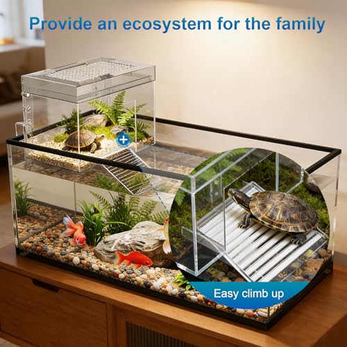 Adjustable Turtle Basking Platform, 7.8 x 5.5 x 5.5 Inch Above Tank Topper with Ramp for Small and Medium Aquatic Turtles, Transparent Acrylic Turtle Aquarium Dock Accessories