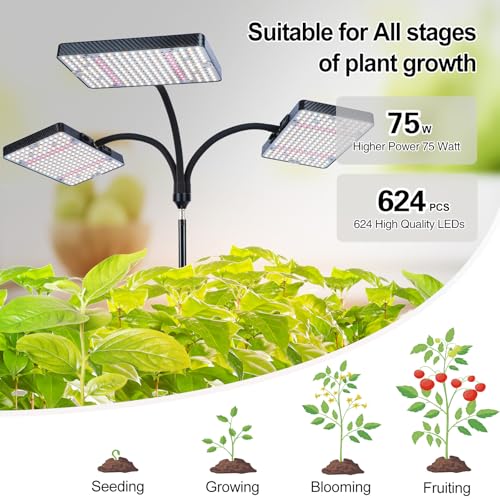 3Head Grow Light with Stand, 75 Watt Bright Enough and Big Coverage, Natural Sunlight Full Spectrum Plant Growing Lamps for Tall&Large Indoor Plants, Bonsai Tree, 4/8/12/16/20H 5-Mode Timer - size: 3Head Stand(75W)