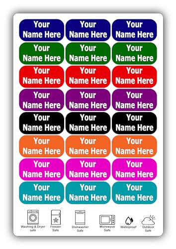 24 Large Personalized Waterproof Name Labels. Press and Stick Multi use Custom Name Labels. Customized 2 Lines of Text and Color. ID Identification Name Stickers with Permanent Self Adhesive. - color: 24 Large Labels - Colored Background
