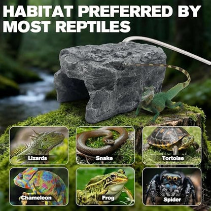 Heated Reptile Hide Cave - Rock Hideout with Adjustable Temperature, Thermostat Heating Rock for Bearded Dragons, Ball Pythons, Leopard Geckos & Small Animals - Snake Hide & Reptile Decor (Rock cave)