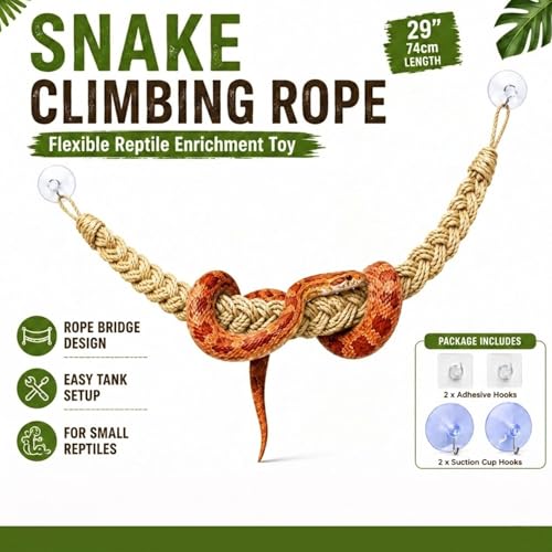 Ball Python Tank Accessories Snake Climbing Rope with Suction Cups & Hooks | Natural Beige 29-Inch Braided Rope Bridge for Climbing Resting & Habitat Decor for Corn Snakes Geckos & Lizards