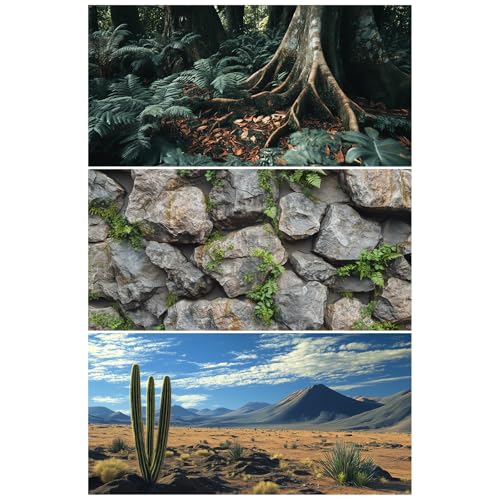 3 PCS Terrarium Background, 30x18 inch Polyester Reptile Backgrounds | Cloth Terrarium Background, Tropical Green Tree Fern & Gobi Desert Sunshine Cactus Rock Terrarium Background - size: 30x18 Inch
