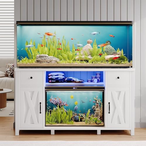 4ever2buy 55-75 Gallon Fish Tank Stand, Aquarium Stand with Storage, White | 52 x 20 In Top, Farmhouse Turtle Tank Stand, 2 Drawers & 2 Barn Doors, LED Light, Power Outlets, Shelf Storage, Heavy Duty - color: White