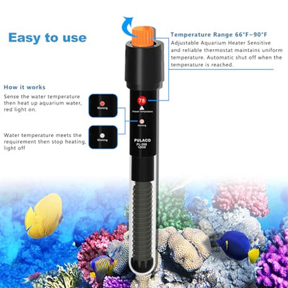 100Watt Aquarium Heater for 15-25 Gallon Fish Tank, Adjustable Submersible Heater Thermostat with Thermometer Strip and Suction Cup