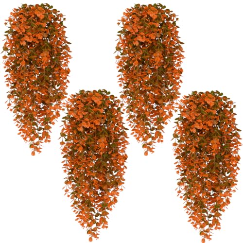 4Pcs Fake Hanging Plants, Eucalyptus Leaves Fake Vines Fall Decor | UV Resistant Fake Ivy Artificial Plants Outdoor Faux Plants Indoor Bedroom Living Room Boho Wall Porch Shelf Decor - color: Orange Eucalyptus Vines, size: 4Pcs Plants
