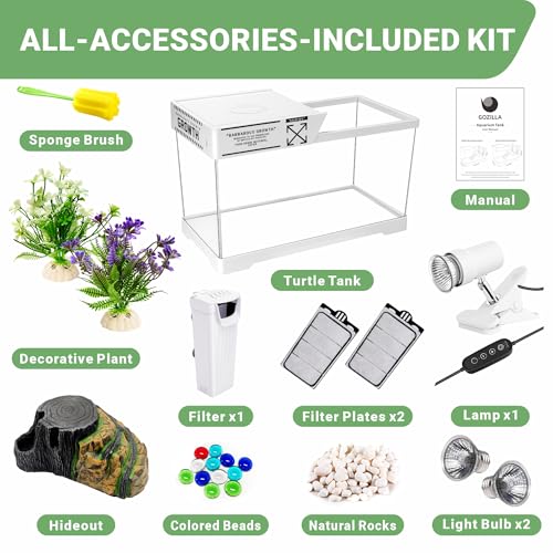 GOZILLA Turtle Tank, Upgrade PC Turtle Tank Starter Kit, Resin Hideout Habitat, Basking Platform, Bottom Drainage for Turtles, Crabs, Shrimps and Other Small Reptiles. (15.75x7.9x9''/White) - color: White-Tank Hideout