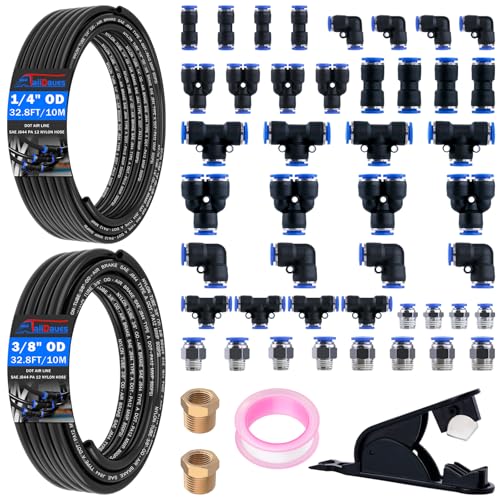 Air Line Tubing Kit, 1/4" 3/8" Air Line Quick Connect Fittings with 1/4" OD x 32.8 FT (10M) & 3/8" OD x 32.8 FT (10 M) DOT Nylon Air Hose Tubing Pneumatic Push Lock Fittings Kit (50 Pcs) - size: 50PCS & 32.5FT 1/4"+3/8" Air Line